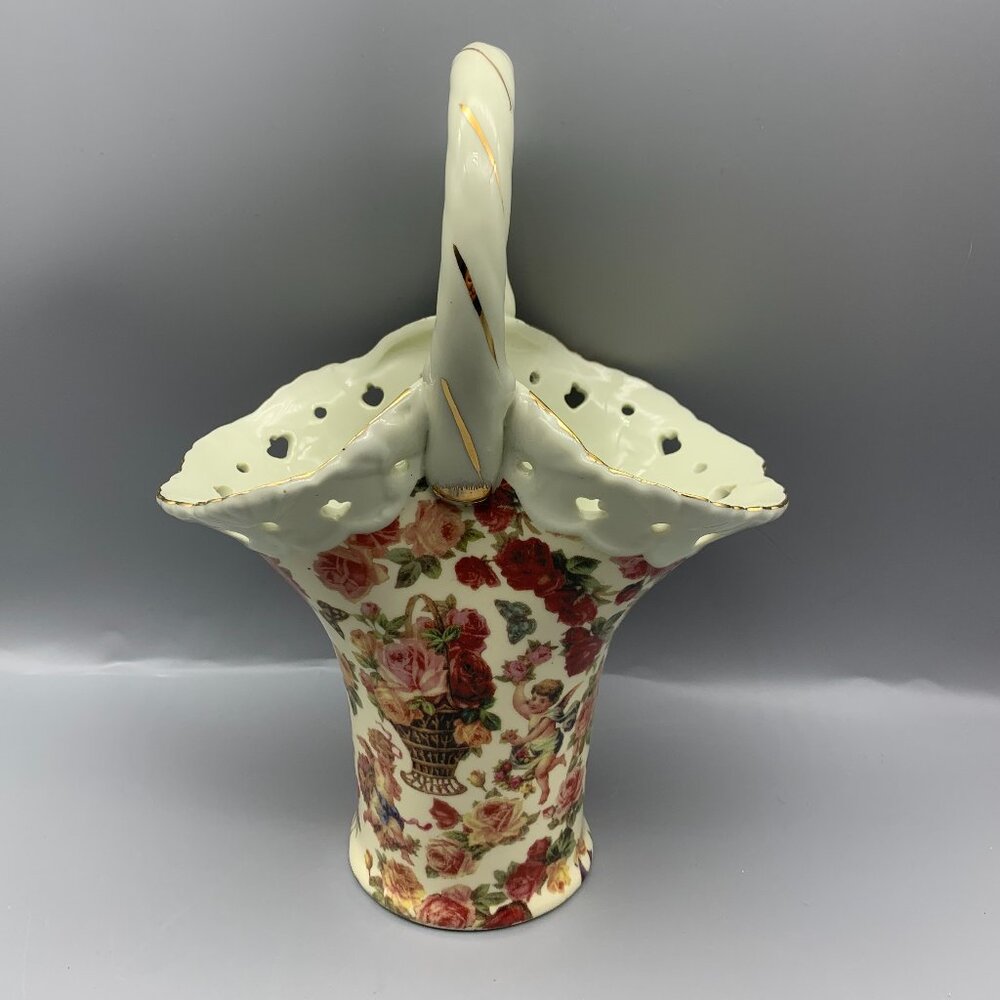 Formalities by Baum Bros White Floral Basket Vase Cherub Chintz Collection